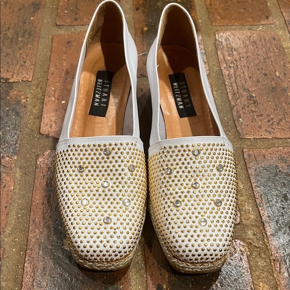 Stuart Weitzman White and Gold Studded Espadrilles - Picture 2 of 12